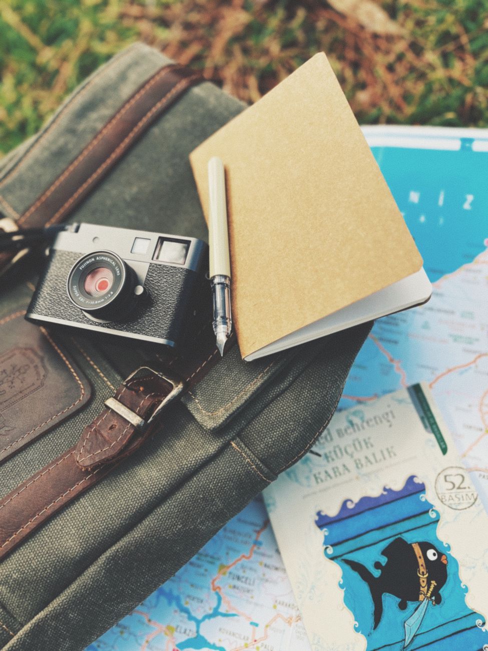 Travel journal writing equipment and maps